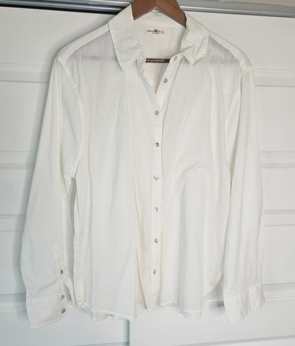 Natural Life Size Large White 100% Cotton Button Down Shirt Loose Fit Slouchy L